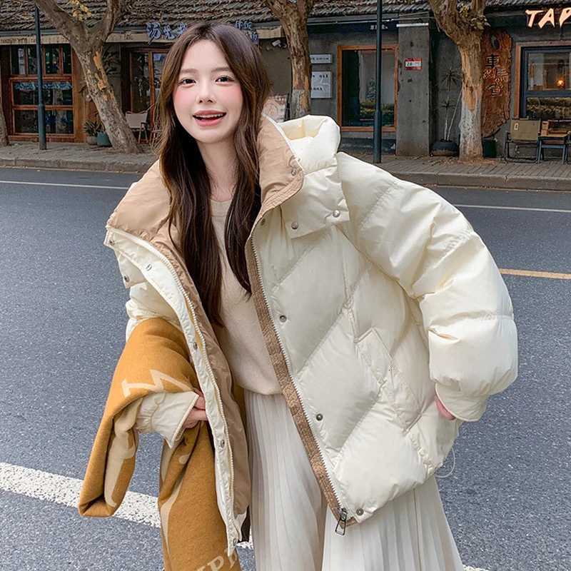 Women's Down Parkas Korean Hooded Padded Jacket for Women 2026 Winter Loose Fit Color Block Quilted Coat Woman Preppy Style Sweet Puffer Parkas