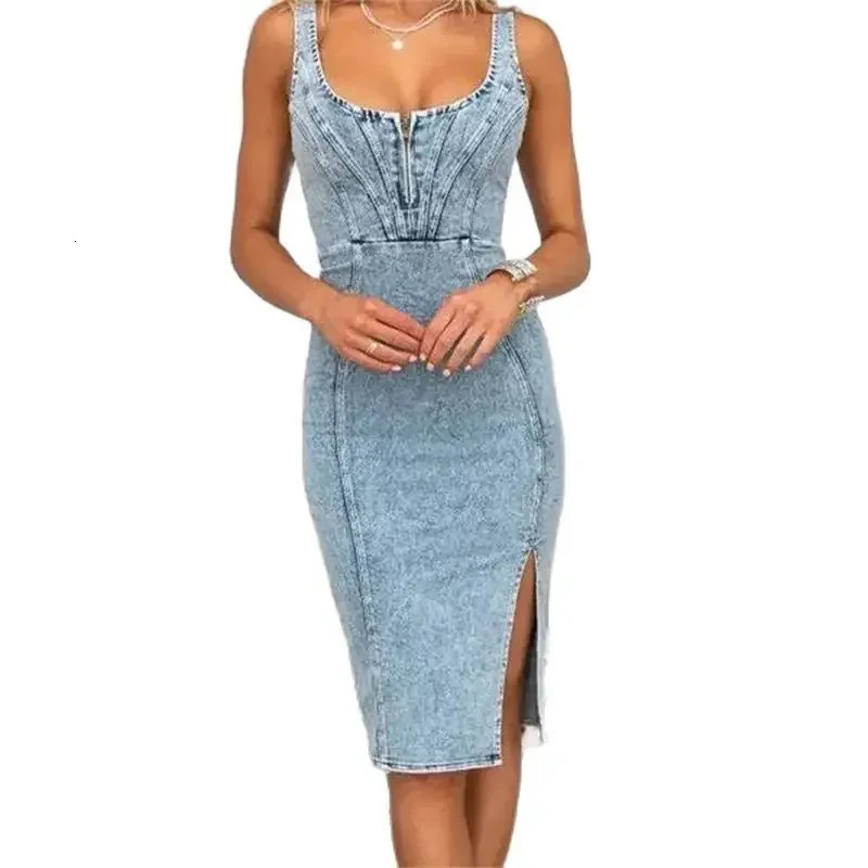 Vintage Slim Fit Denim Wrap Hip Dresse Casual Backless Suspenders Dress Female Front Back Zipper Split Hem Midi Gown 2024 261015