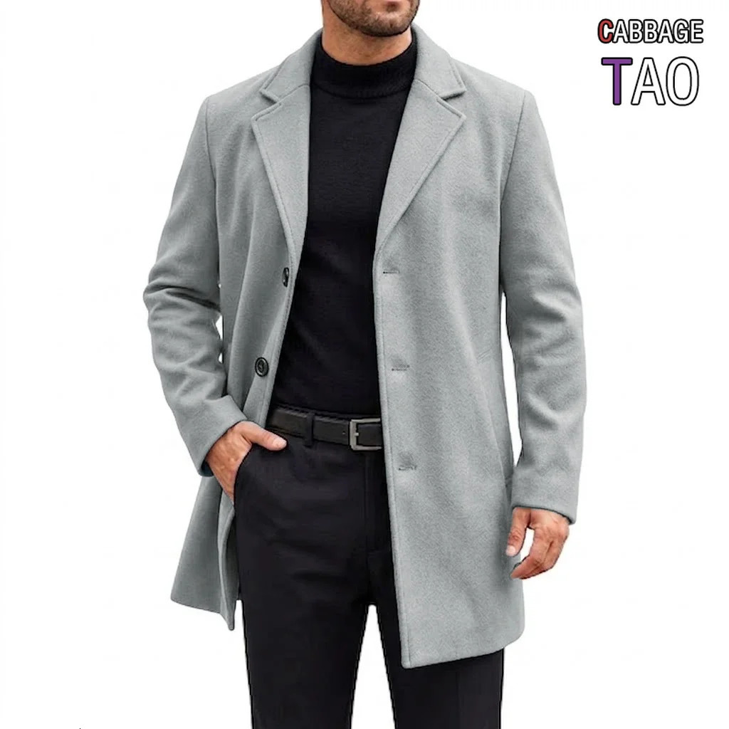 Autumn Mens Timeless Blend Outerwear Mid Length Trench Overcoat Winter Thermal Blazer Lapel Relaxed Outer Garment with Pockets 261015