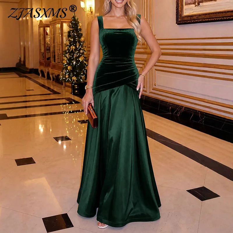 Women Square Neck Solid Maxi Dress Wide Strap Sleeveless Spliced A Line Long Gown Elegant Wedding Guest Prom Evening Party Dress 261015