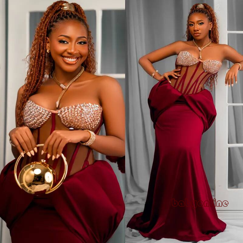 Aso Ebi Burgundy Mermaid Prom Evening Dresses Strapless Illusion Crystals Party Dress Sequined Lace Formal For Black Women Birthday Gowns Am3653