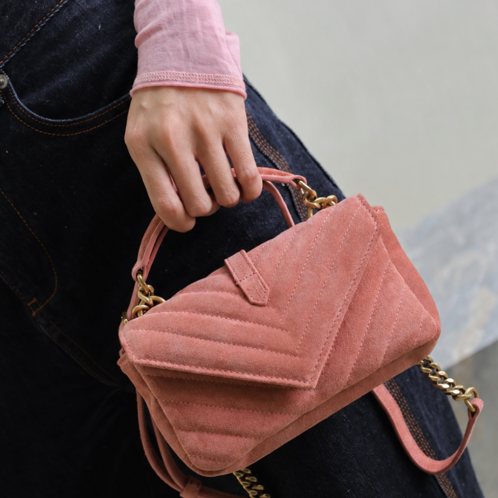 Mini Quilted Flap Satchel Bag Suede Leather Chevron Chain Handle Shoulder Purse Elegant Weekend Top-Tier Designer BagA