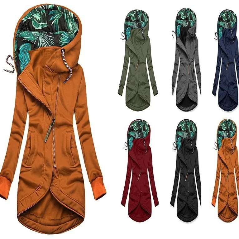 Womens LongSleeve Hooded Jacket with Zipper in Solid Color Print 261017