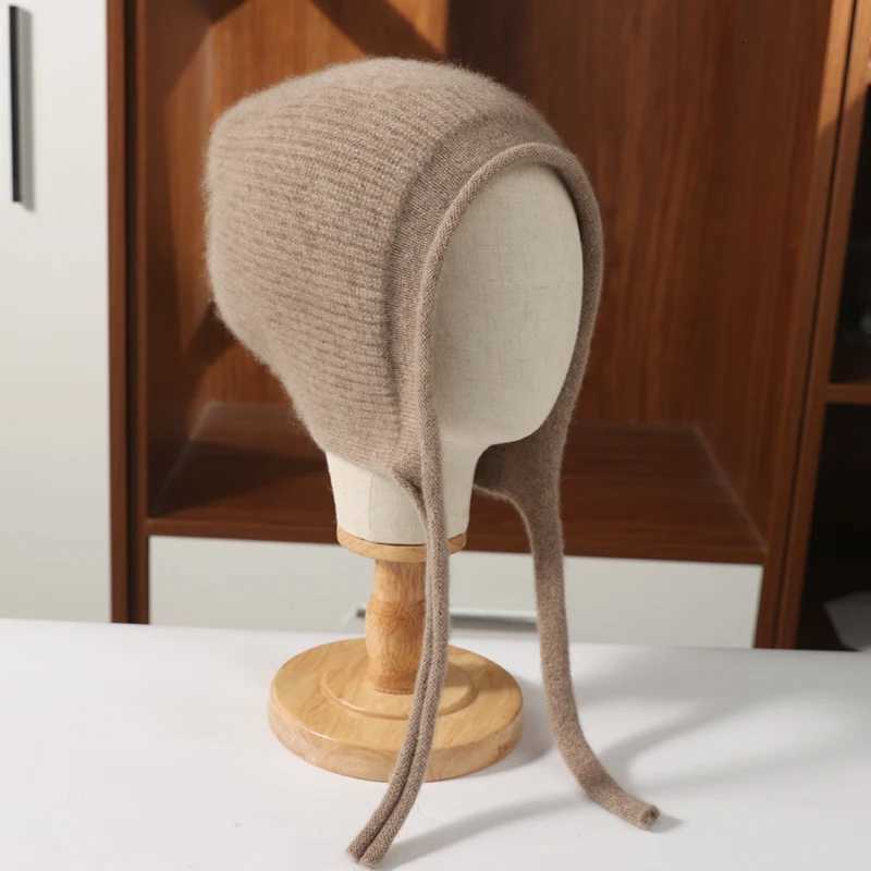 Beanie/Skull Caps 100%Pure Wool Women's Winter Knitted Hats Cute Lace-up Students Pullover Hat Autumn Winter Warm Windproof Earflap Beanies Fem