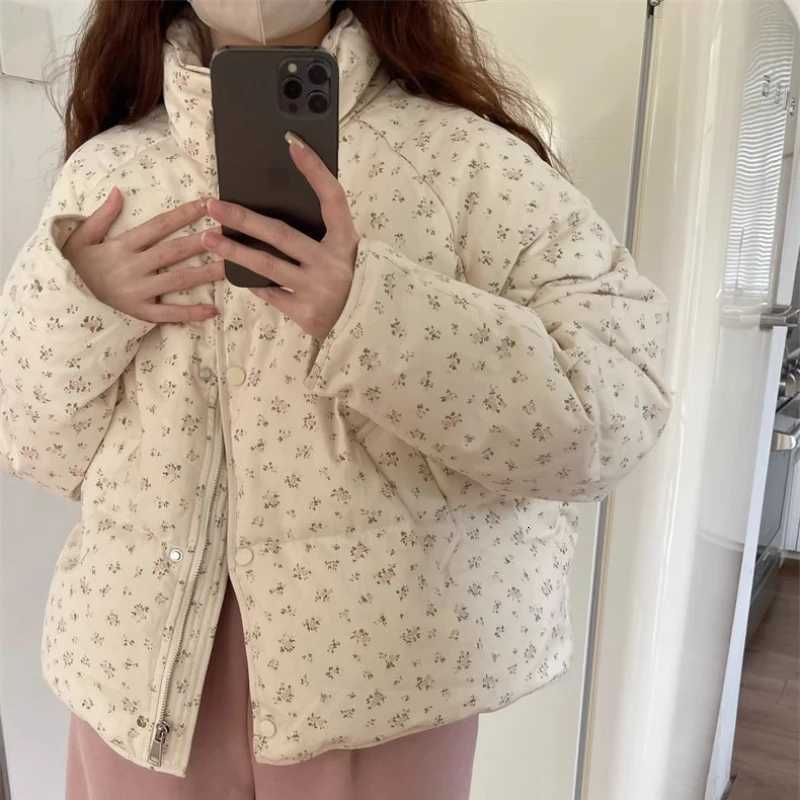 Women's Down Parkas Fresh Floral Print Stand Collar Short Padded Women's Winter Jacket Loose Thick Warm Daily Commute Travel Quilted Puffe