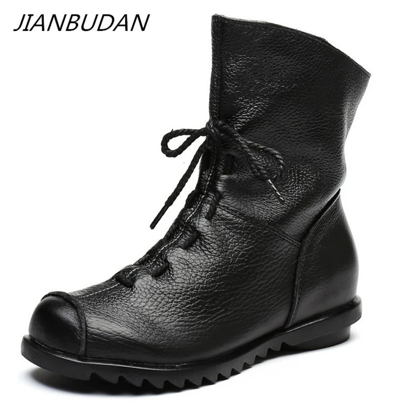 JIANBUDAN/ Genuine Leather Plush Women's Short Boots Retro Casual Autumn Winter Women's Boots Waterproof Leather Warm Snow Boots 261017