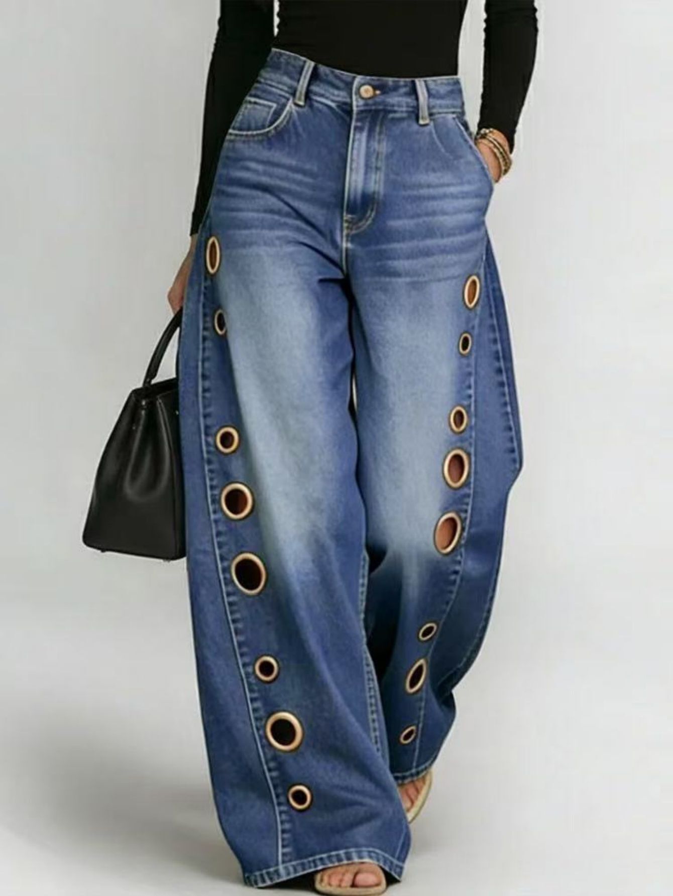 Women Loose Wide Leg Straight Jeans Metal Eyelet Decoration Washed Denim Pants European American Style Casual Street Style Daily Wear Versatile Long