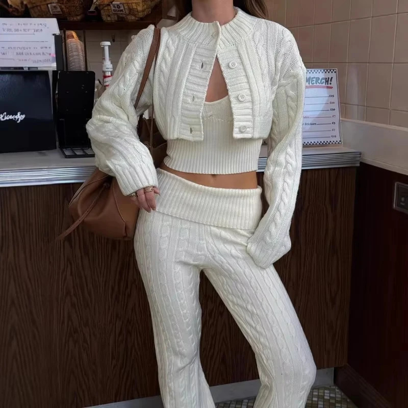 Women 3-Piece Minimalist Casual Set European American Style Short Sleeve Sports Top High Waisted Pants Sweater 261016