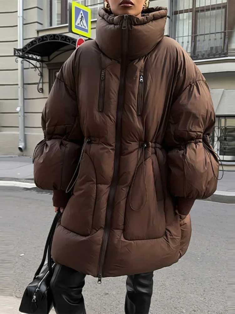 Women's Down Parkas Fashion Solid Hooded Thick Cotton Women's Jacket Oversize Loose Long Sleeved Zipper Tied Jacket Casual 2026 Winter Sno