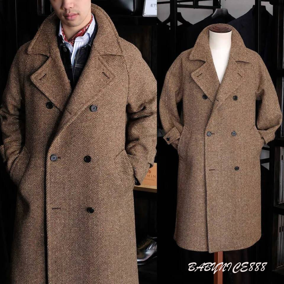 Vintage Autumn Winter Men's Tweed Windproof Warm Coat Double Breasted Customized Prom Male Wedding Party Wear