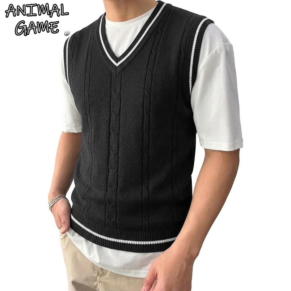 Men's Knit V-Neck Sleeveless Sweater Vests Fit Knitted Pullovers Sweaters Slim Patchwork Smart Casual Knit Vest for Men 261015