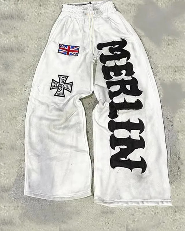 Men Women Unisex Summer Quick Dry Long Pants Union Jack Cross Gothic Letter Print Baggy Wide Leg Goth Streetwear Casual Trousers 261013