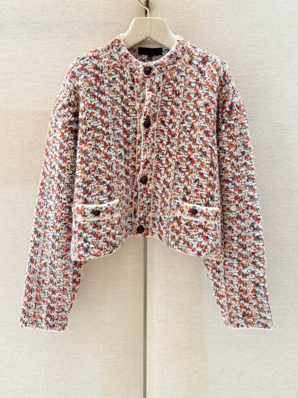 Women's Jackets Designer colorful knitted cardigan, chic and elegant outerwear piece with sophisticated, old-money vibe, featuring round neckli