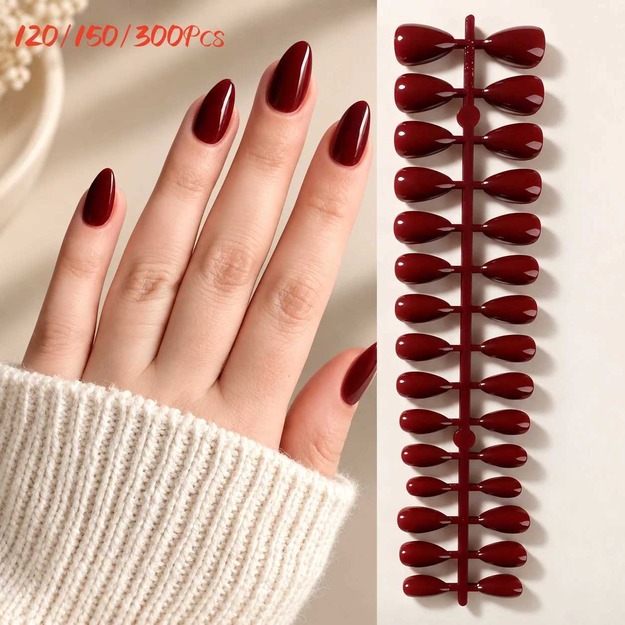 False Nails 120/150/300Pcs Almond Press On Nails Glossy Wine Red Solid Color Full Cover Fake Nails for Women DIY Manicure Party Q261017