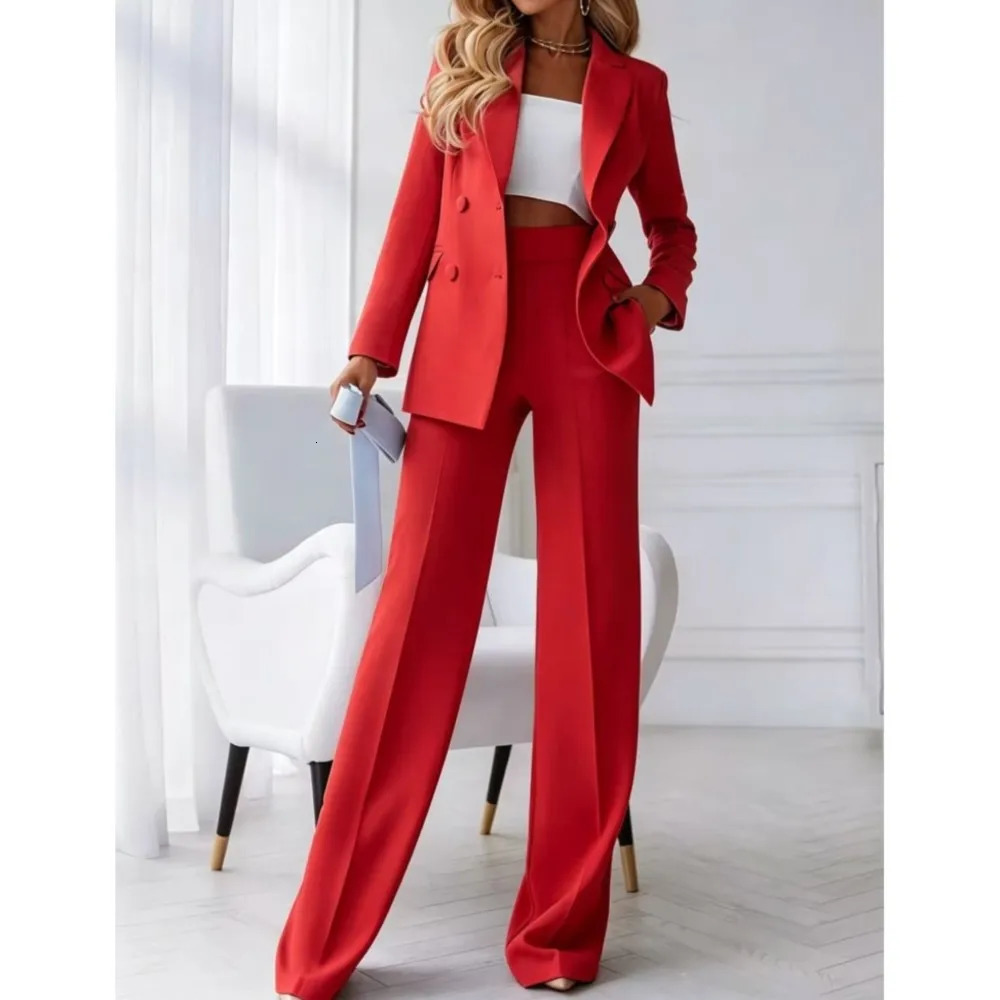 Women Suits Lapel Double Breasted Pants Set Autumn Red Long Sleeve Blazer Wide Leg Pants 2piece Sets Elegant Office Lady Sets 261016