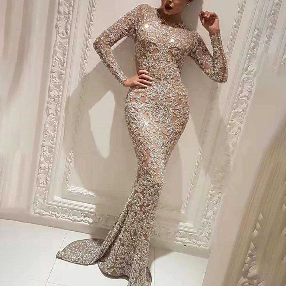 Women's y Formal Evening Dress Sequin Appliques Slim Crew Neck Fishtail Dress Long Sleeve Maxi Bodycon Wedding Prom Dresses 261016