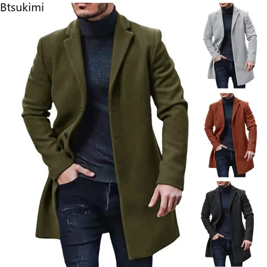 2026 Autumn Winter Men's Long-sleeve Lapel Single-breasted Jacket Woolen Solid Button Coats Casual Loose Men Simple Jackets 261015