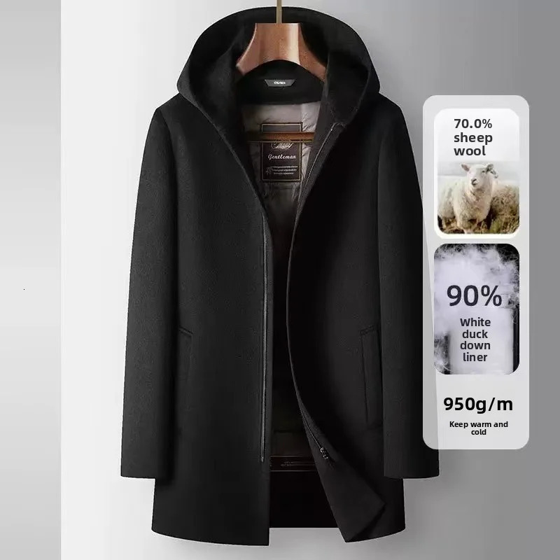 Winter Men's Hooded Woolen Coat Detachable Down Inner Tank Wool Content 70% Thickened Warm Medium to Long Casual Coat 261015