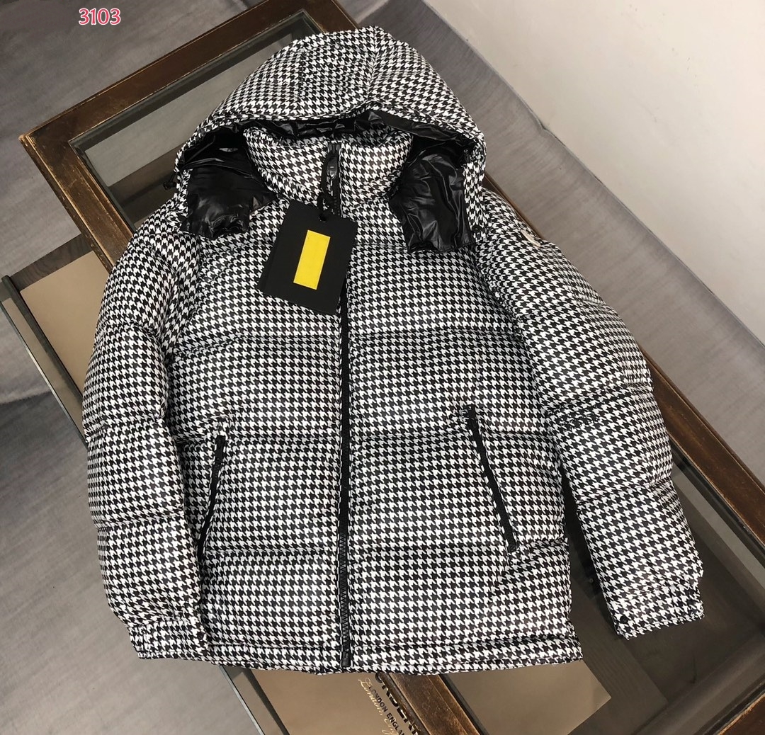 2026 Winter Down Designer Houndstooth Puffer Jacket Removable Hood Winter Warm Down Coat Unisex Short Fashion Outerwear Black White Plaid Thick Park