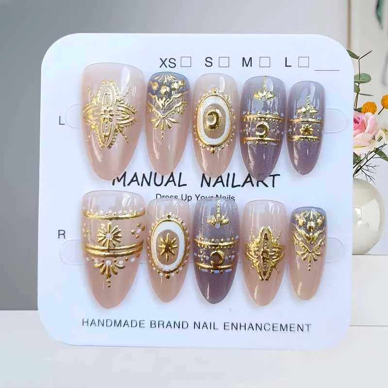 False Nails 10Pcs French Style Almond Shape Blue Denim Gilded Baroque Press on Nails Manicure Starry Moon Gilding With Cat Eye Fake Nails Q261017