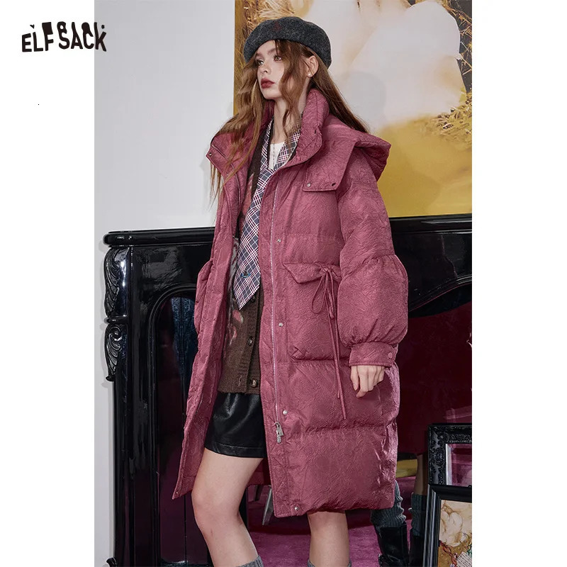 ELFSACK 2024 Winter Arrivals Fashionable loose contrast color midlength hooded warm down jacket for women 261013