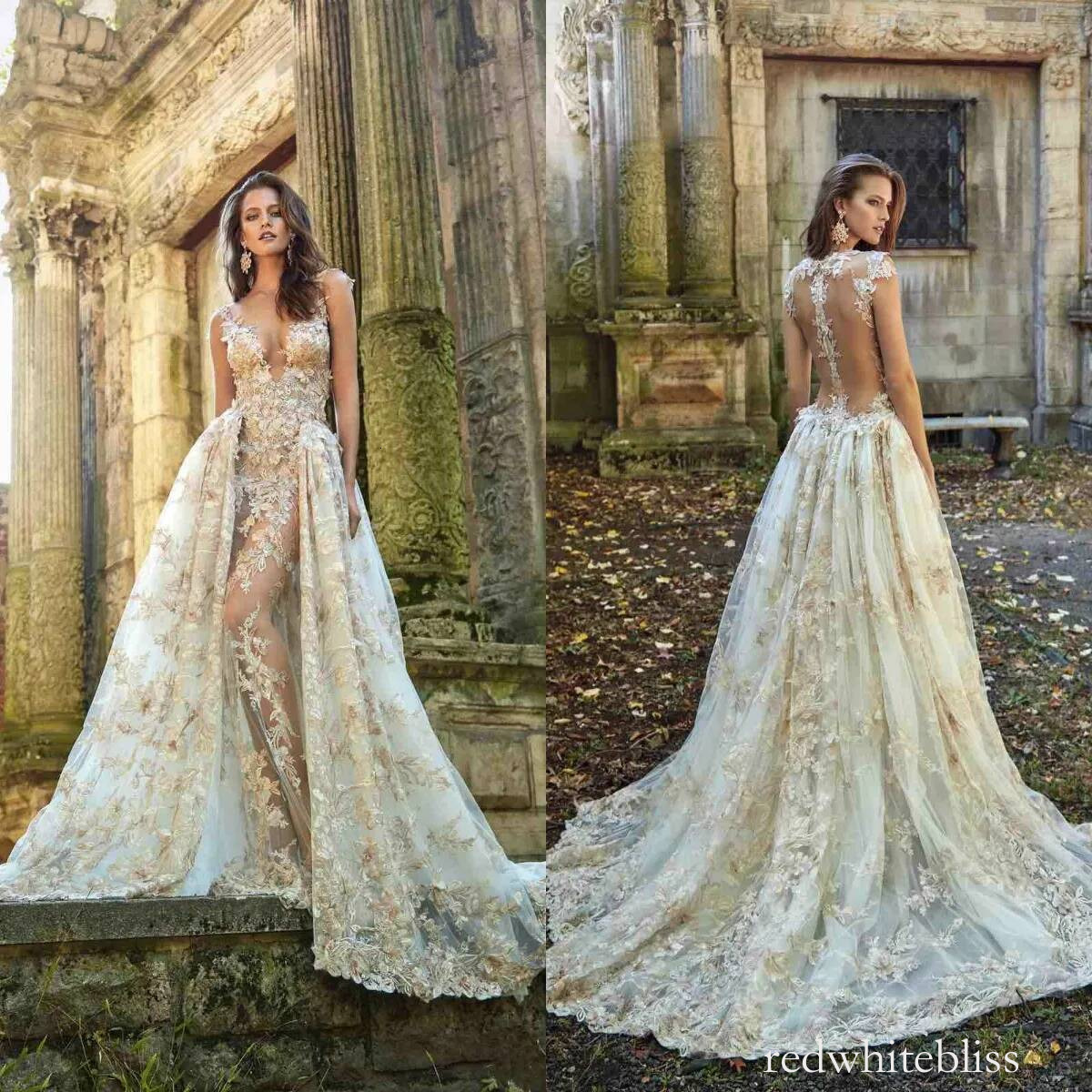 wedding dresses with detachable skirt train newest sexy see through backless deep v neck lace appliques bridal gowns vestidos de novia