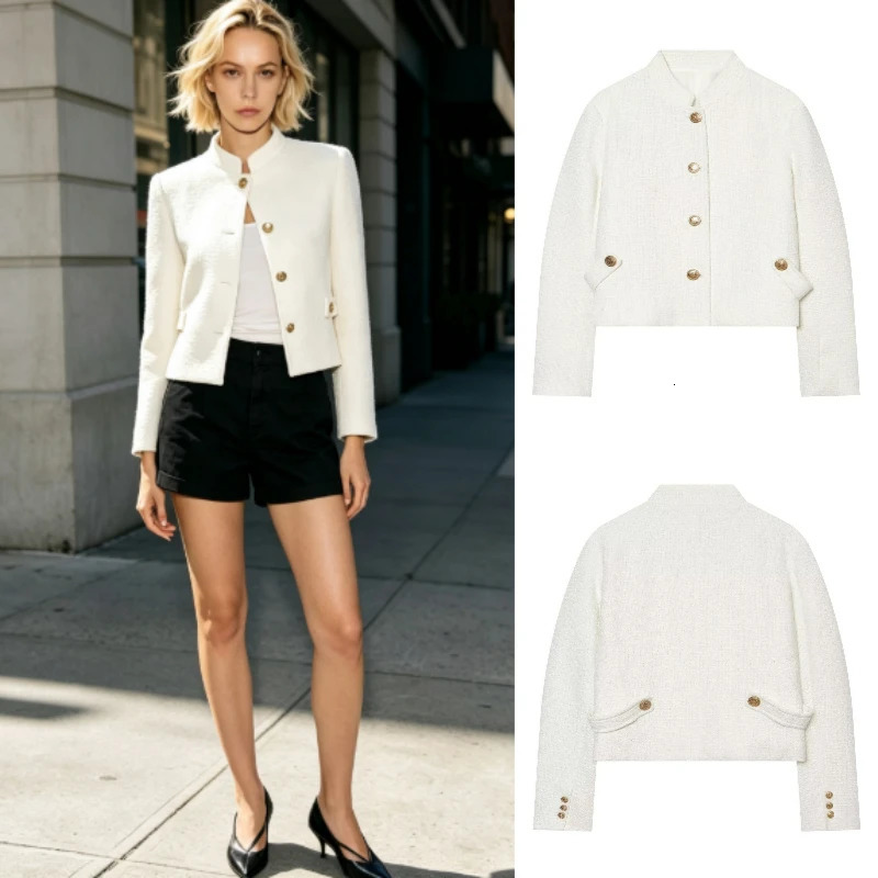 Women's Blazer Fall Fashion Stand Collar Single-Breasted Long Sleeve Elegant White Jacket 261016