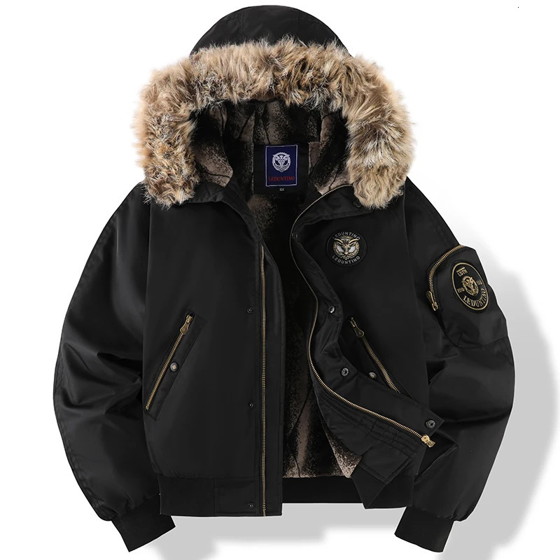 Men's Winter Black Jacket with Detachable Faux Fur Trimmed Hooded Cold Fashion Embroidered Badge and Zipper Pockets 261008