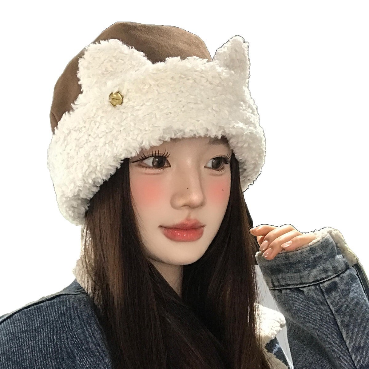 2025 Winter New Cute Cat Plush Lei Feng Hat for Women, Large Head Circumference, Face Slimming, Warm Ear Protection Beanie