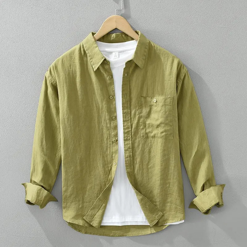 Pure Linen Shirts for Men Long Sleeve Casual Turn-down Collar Basic Classic Tops Male Fashion Solid Color Retro Clothing 261015