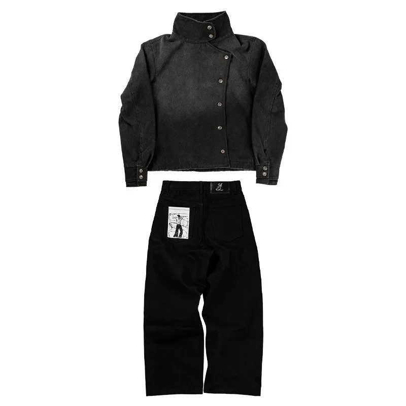Y2K Vintage Black Denim Two Piece Set Asymmetric Button High Neck Jacket Baggy Wide Leg Pants Streetwear Gothic Harajuku Outfits 261016