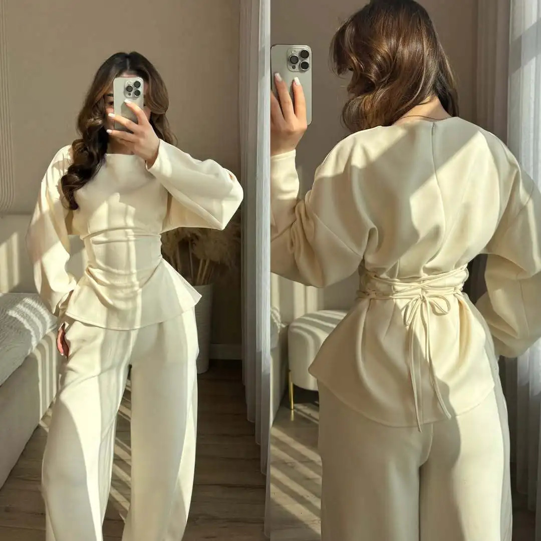 Yaminiya Women Casual Two Piece Set Long Sleeve Back Tie Waist Ruffle Hem Top Wide Leg Pants Solid Color Loungewear Tracksuit 261015