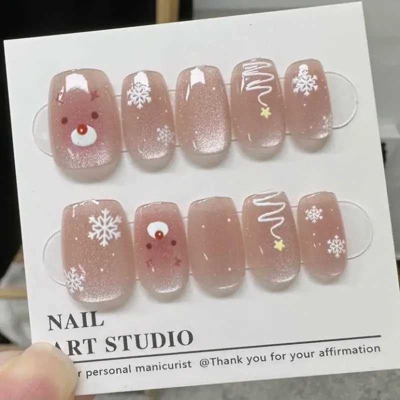 False Nails 10 Pcs Women Cute Christmas Snowflake Deer Handmade Press on Nails Short Style Cat Eye Nails Patch Detachable Fake Nail Patches Q261017
