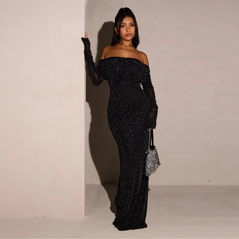 Female Clothing Women's Dress Autumn Sexy Long Dress Temperament Slim Sequined One Shoulder Dress Women's Party Dresses 261016