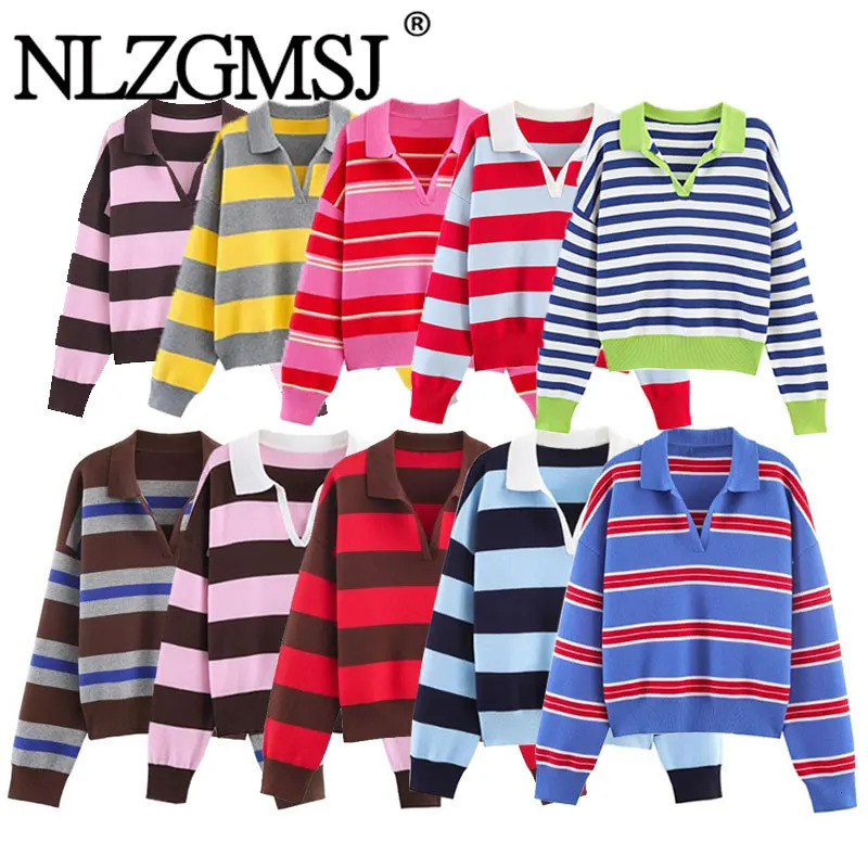 Nlzgmsj Autumn High Street Chic Women Striped Knitted Sweaters Full Sleeve Vintage Style Tops 261017