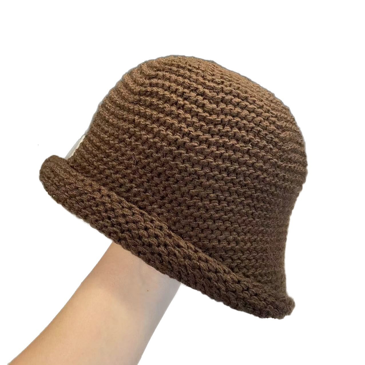 Wholesale Korean 2025 Fall/Winter New Handmade Crochet Thick Wool Curled Edge Fisherman Casual Solid Color Bucket Hat for Women