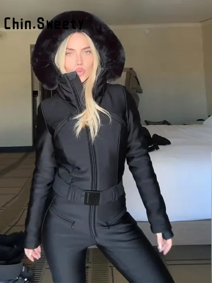 Chic Women's Hooded One-Piece Ski Jumpsuit Slim Stand Collar Zipper High Waist Solid Windproof Outwear Winter Lady Skiwear 261016