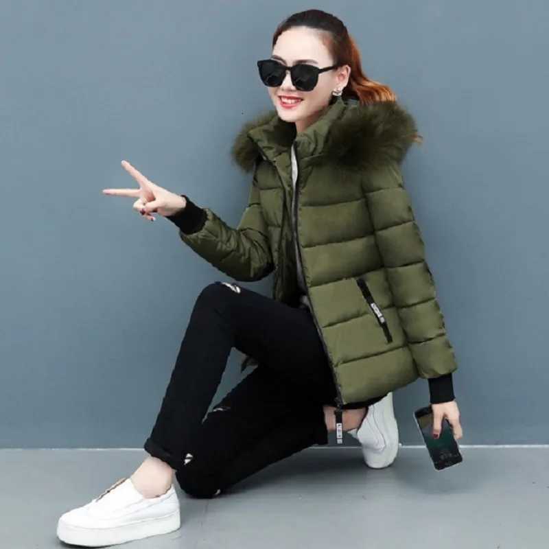 Women's Down Parkas Solid Color Detachable Hooded Hair Collar Slim-fit Cotton-padded Jacket Women's Winter New Warm Casual Stand Collar Pa