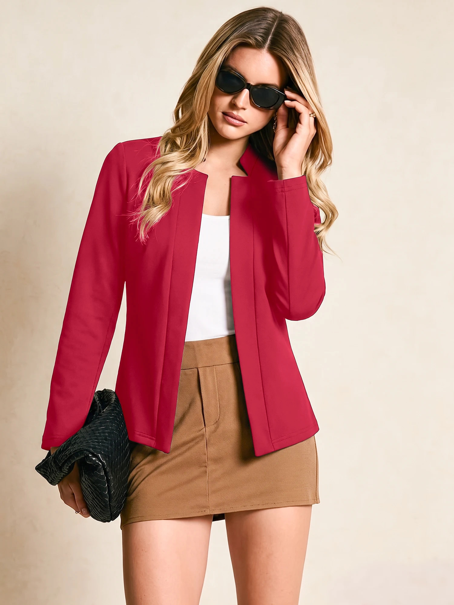Ladies Spring Autumn Stand Collar Blazer Open Front No Button Long Sleeve Solid Slim Outer Coat 261015