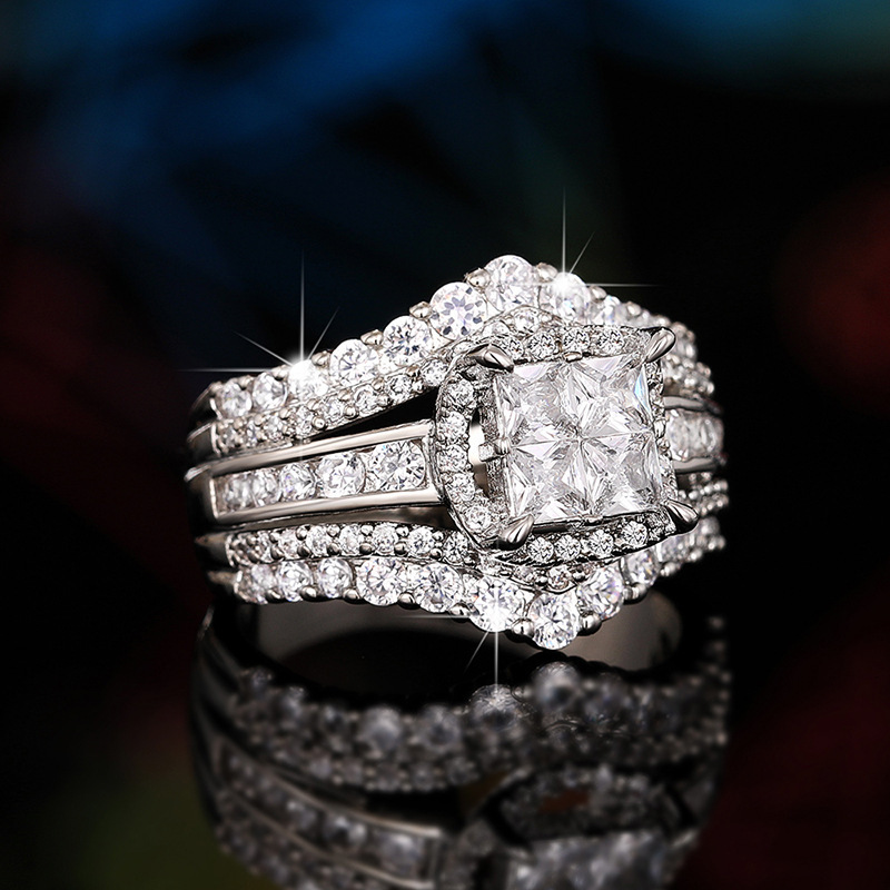 Huitan's New Zircon Imitation Ring, European And American Style Double-Layer Two-In-One Ultra-Shiny For Women, Square Spliced Crown Ring