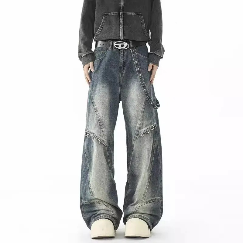 Punk Y2K Style Metal Ring n Washed Blue Baggy Jeans Cargo Pants Men For Clothes Vintage Denim Trousers Pantalon Homme 261016