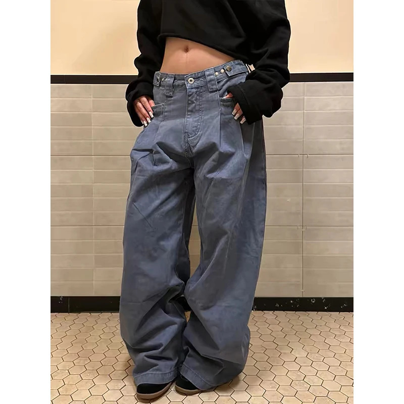 Vintage American Street Style Loose Drapey High Waist Women's Jeans Workwear Wide Leg Pants Autumn Casual Blend 261016