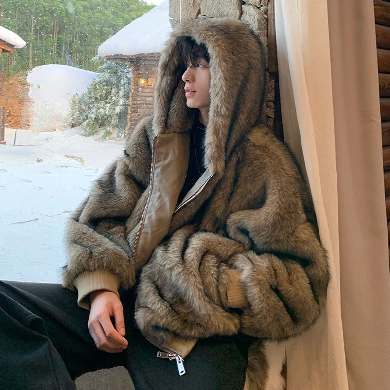 Men Faux Fur Coats Jackets Hooded Zipper Coat Thick Streetwear Jacket Casual Full Sleeve Work Outerwear Autumn Winter 2025 261008