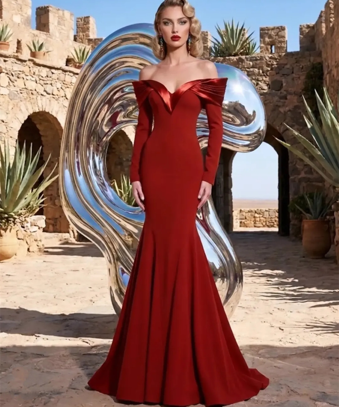 Elegant Long Burgundy Crepe Evening Dresses Mermaid V-Neck Zipper Back Watteau Train Formal Occasion Prom Party Gowns for Women