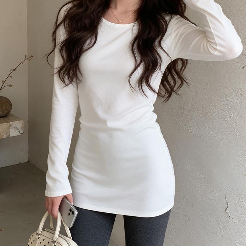 Designer Women Mid Length Long Sleeve T Shirt Thermal Fleece Slim Fit Hip Covering Crew Neck Solid Autumn Winter Base Layer Top