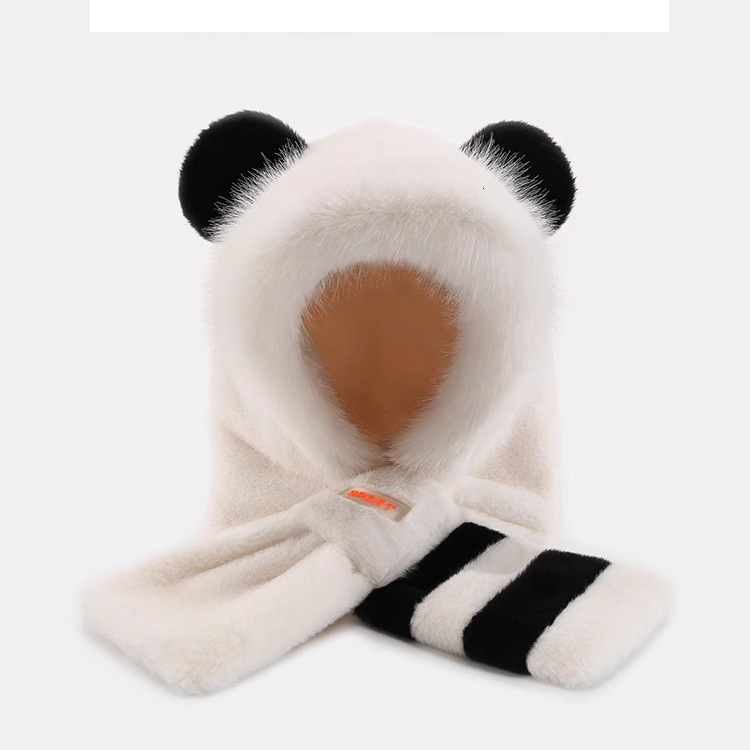 New winter panda hat scarf two-piece set, cute plush, thickened warm, suitable for students and couples
