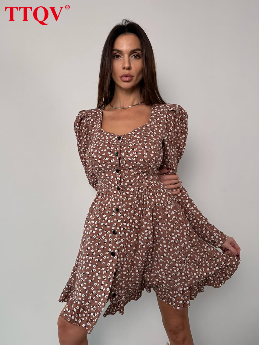 Fashion Loose Print Women's 2026 Sexy U-Neck Long Sleeve Mini Dresses Lady Elegant Classic High Waist Female Dress