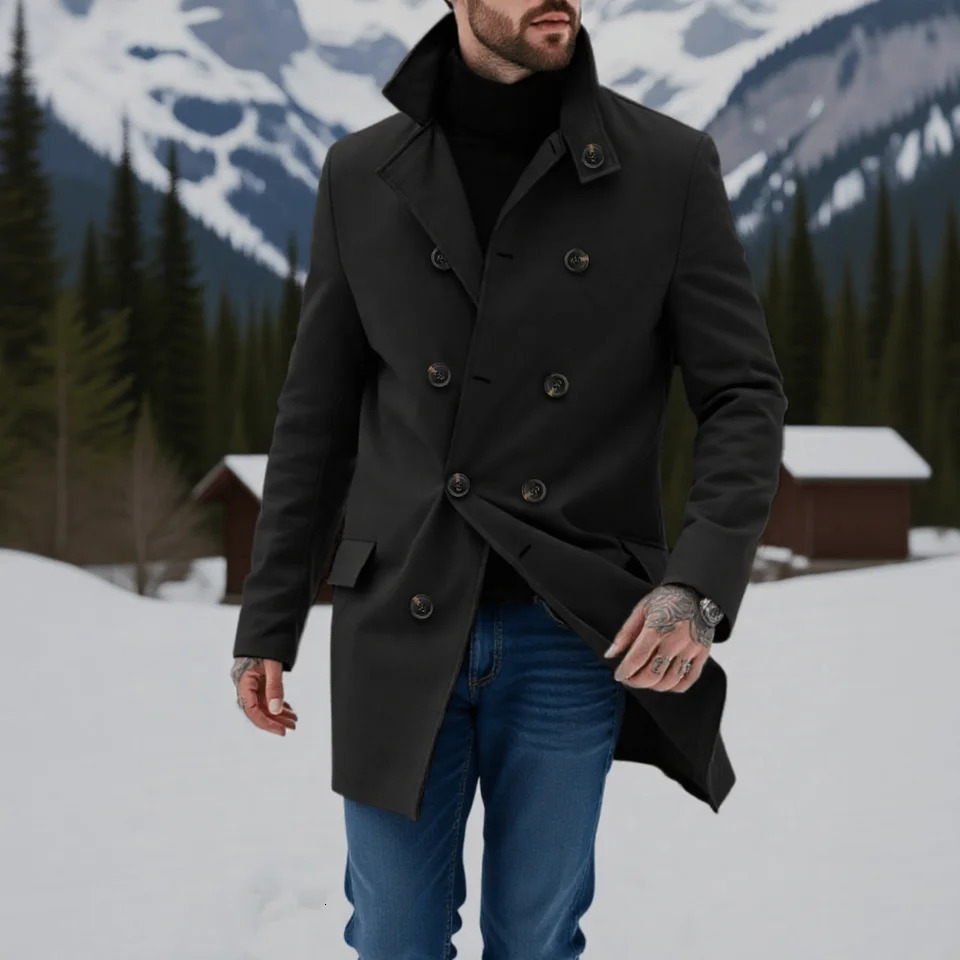 Men's Cold Resistant Double Breasted Woolen Coat Heavyweight Warm Trench Jacket for Winter Outdoor Commute 261015