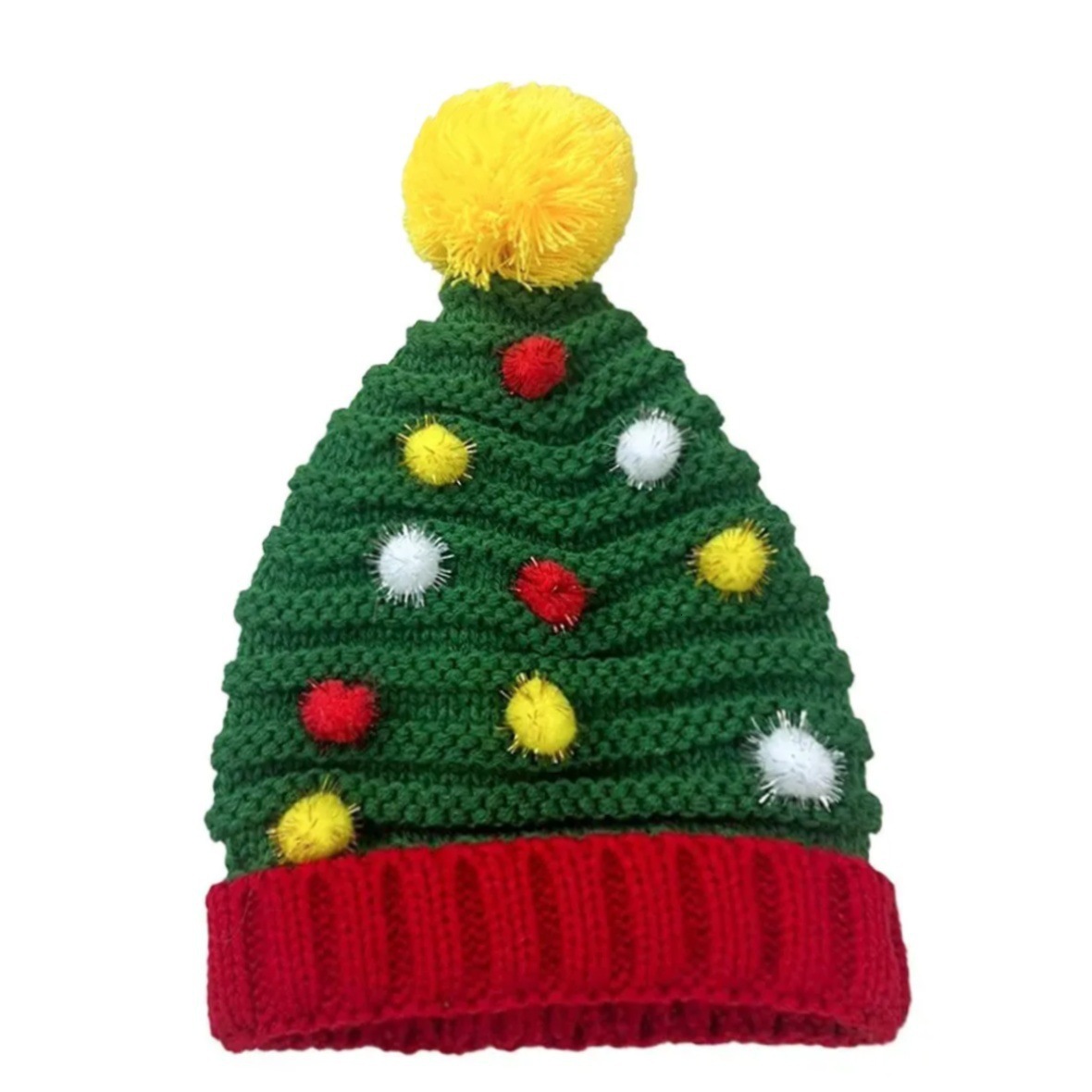 Christmas Tree Knit Beanie Hat for Adults Handmade Crochet Winter Warm Cap with Colorful Pom Poms and Star Topper Headwear