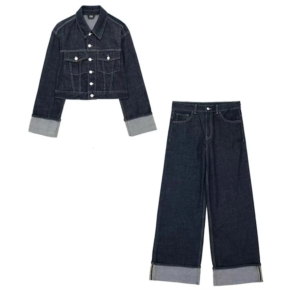 HH Women Fashion Denim Set Casual Lapel Long Sleeve Crop Jacket Buttons Female Vintage Wide Leg Loose Jeans Long Pants 261016